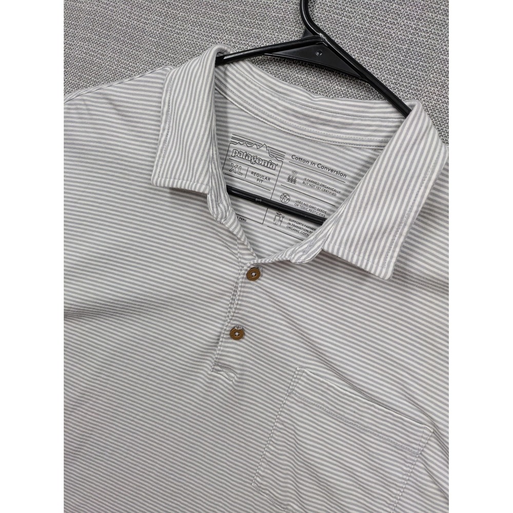 Patagonia Polo Shirt Mens XL White Gray Stripe Cotton Pocket Jersey Short Sleeve